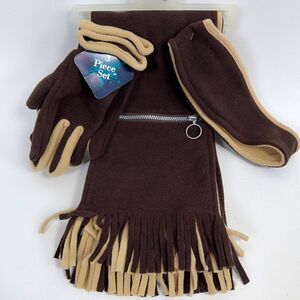 Vintage 90s Brown Fleece Boho Cottage 3-Piece Winter Set Scarf Gloves & Earmuffs